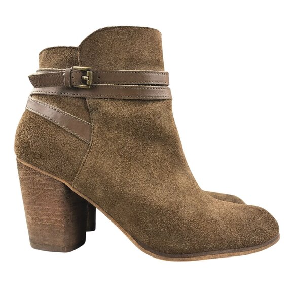 BP. Women's Size 8.5M Brown Leather Suede Wraparound High Heel Ankle Booties - Picture 1 of 15
